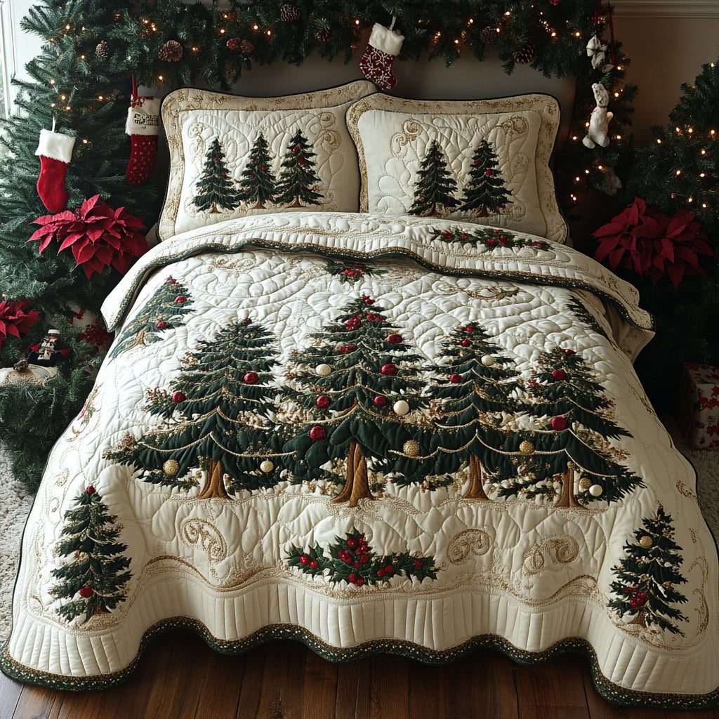 Golden Fir quilted 3-piece bedding set on a made bed with two matching pillow shams