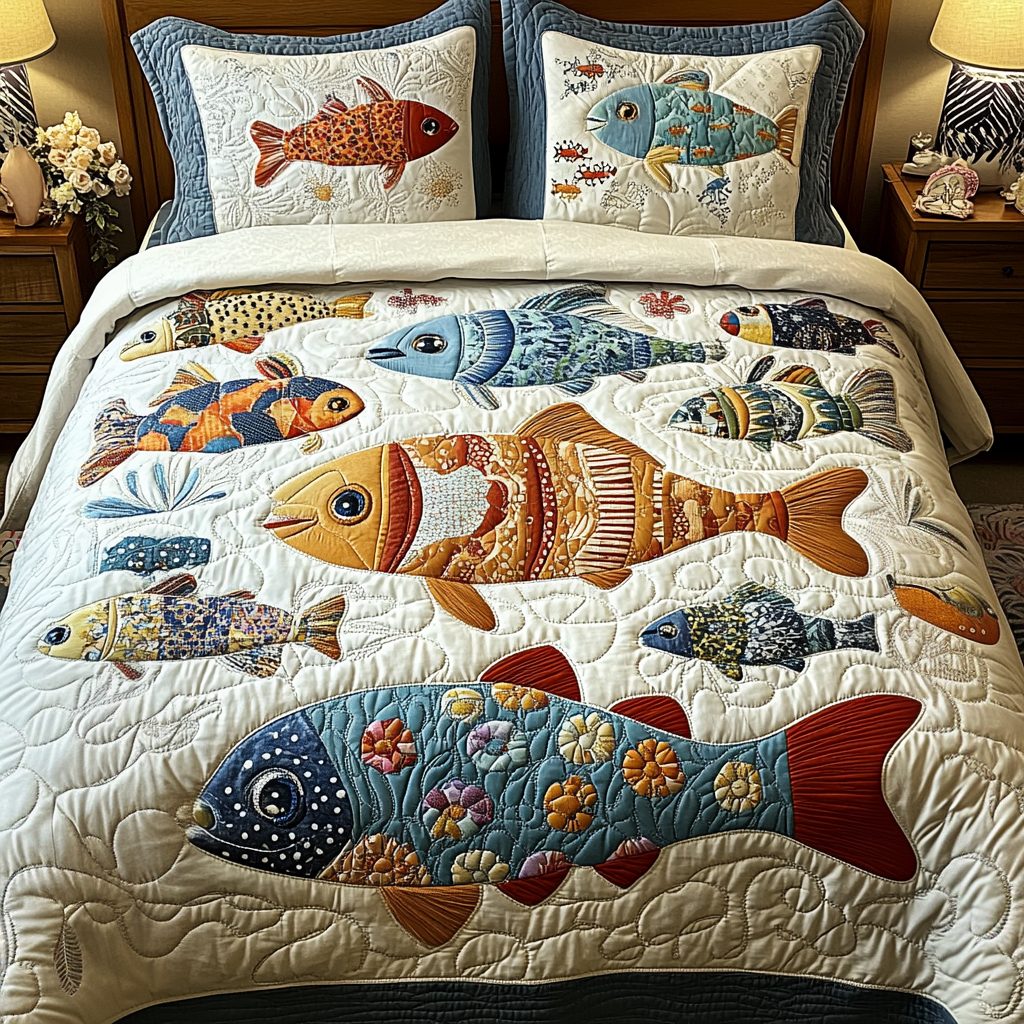 Golden Fish quilted 3-piece bedding set on a made bed with two matching pillow shams