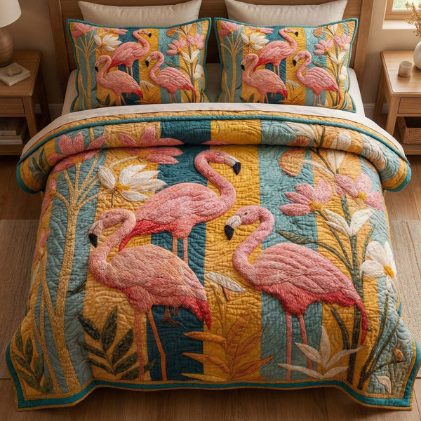 Golden Flamingos quilted 3-piece bedding set on a made bed with two matching pillow shams