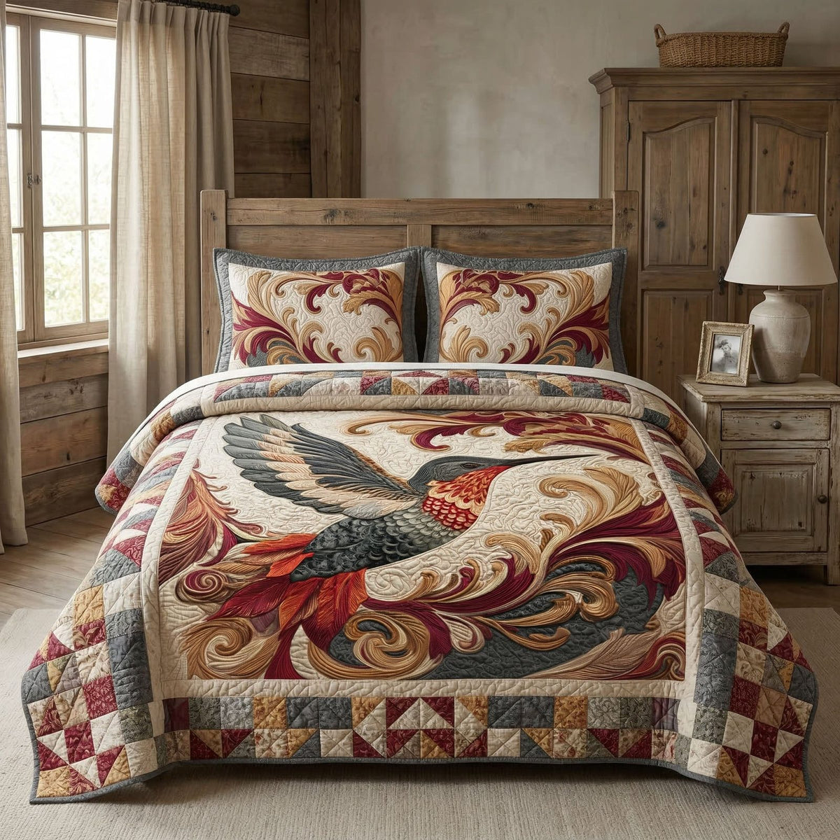 Golden Flight quilted 3-piece bedding set on a made bed with two matching pillow shams