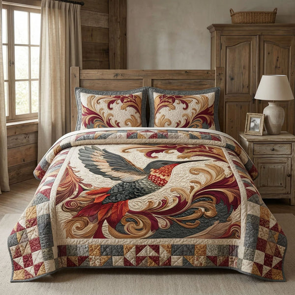 Golden Flight quilted 3-piece bedding set on a made bed with two matching pillow shams