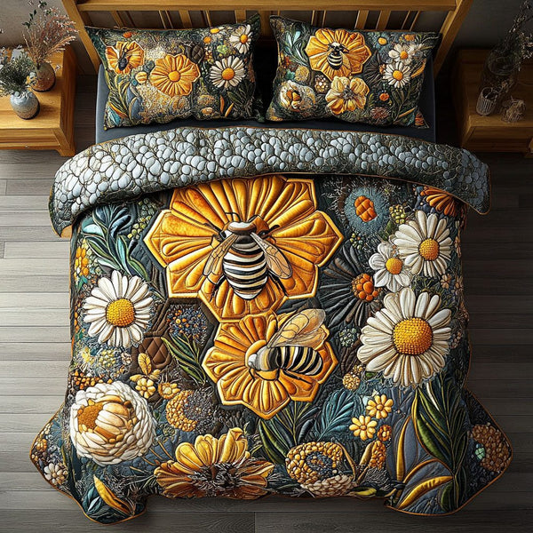 Golden Flight quilted 3-piece bedding set on a made bed with two matching pillow shams