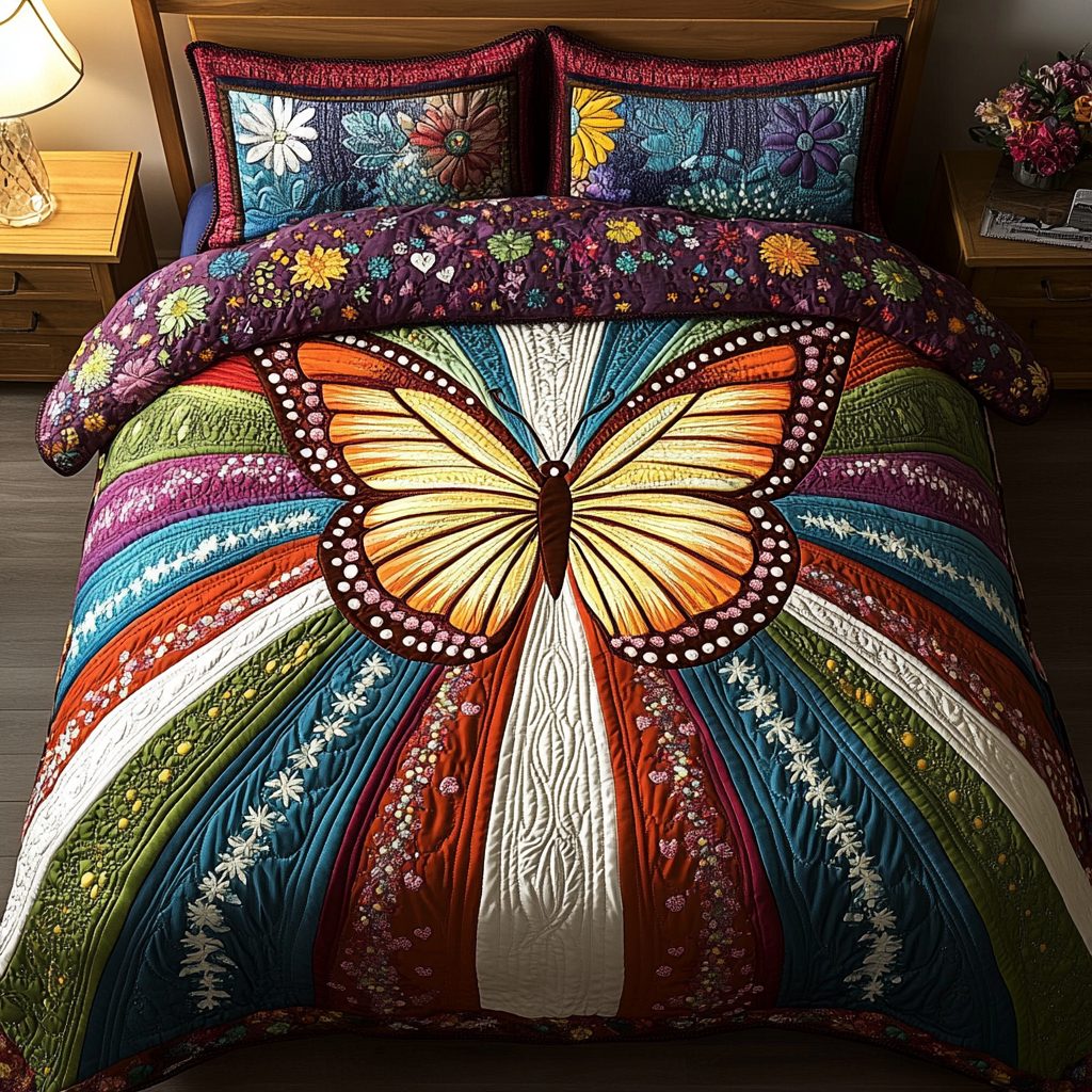 Golden Flight quilted 3-piece bedding set on a made bed with two matching pillow shams