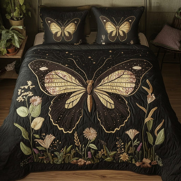 Golden Flutter quilted 3-piece bedding set on a made bed with two matching pillow shams