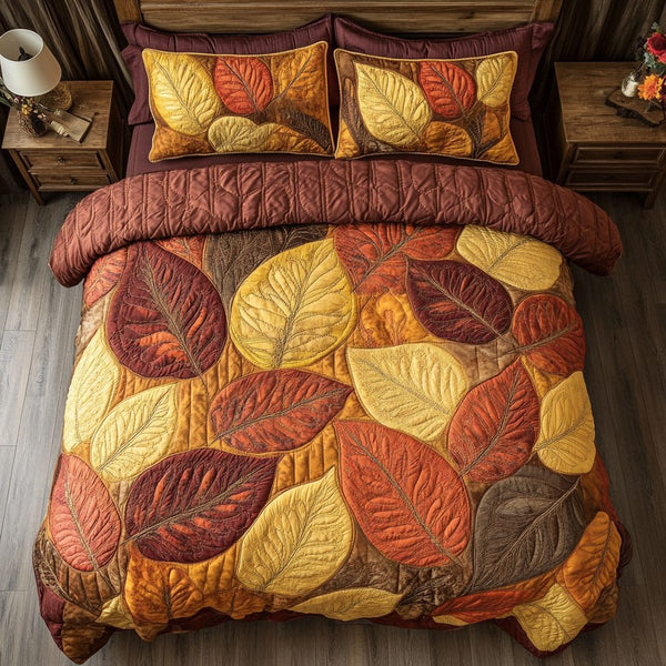 Golden Foliage quilted 3-piece bedding set on a made bed with two matching pillow shams