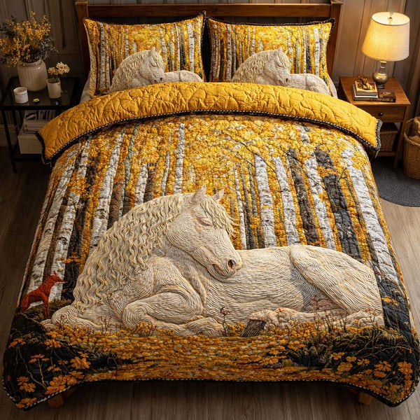 Golden Forest Mare quilted 3-piece bedding set on a made bed in a rustic timber bedroom