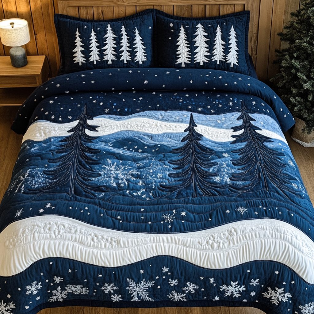 Golden Forest quilted 3-piece bedding set on a made bed with two matching pillow shams