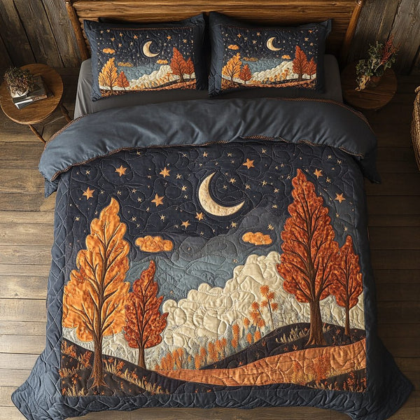 Golden Forest quilted 3-piece bedding set on a made bed with two matching pillow shams