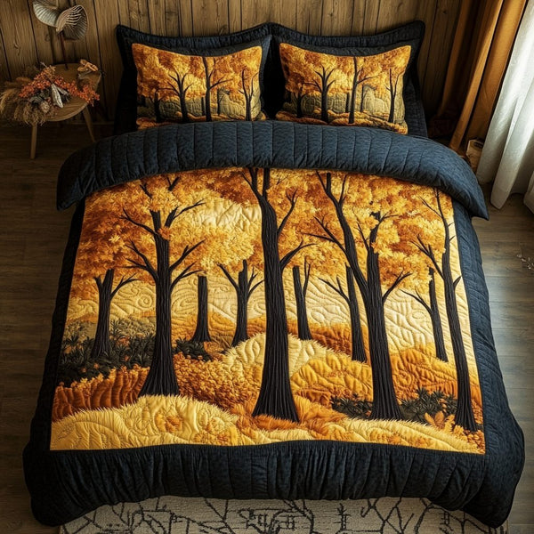 Golden Forest quilted 3-piece bedding set on a made bed with two matching pillow shams