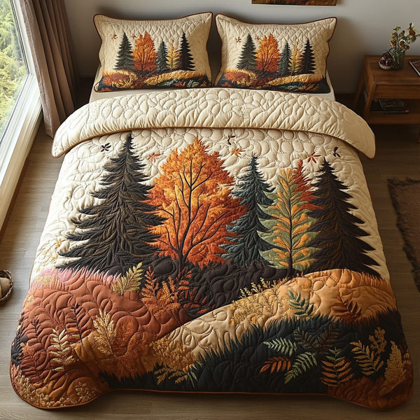 Golden Forest quilted 3-piece bedding set on a made bed with two matching pillow shams