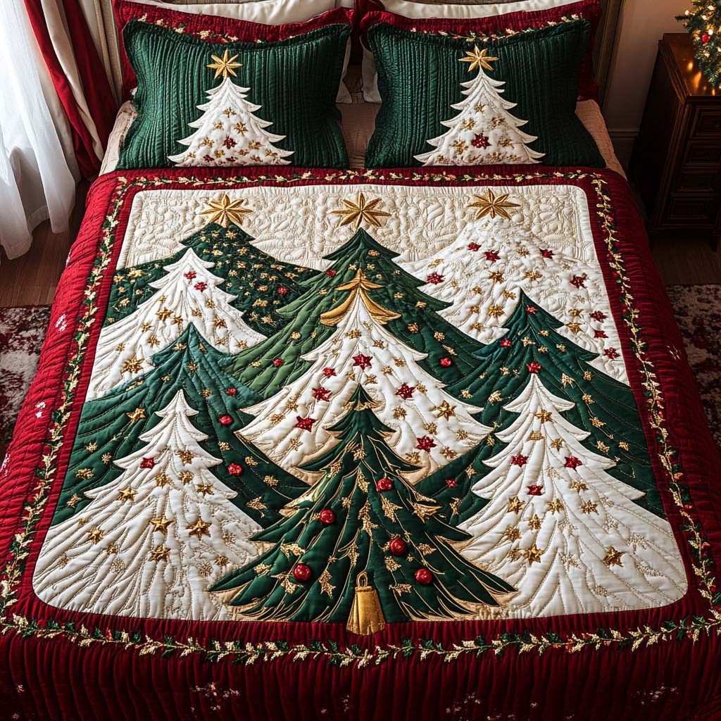 Golden Forest quilted 3-piece bedding set on a made bed with two matching pillow shams