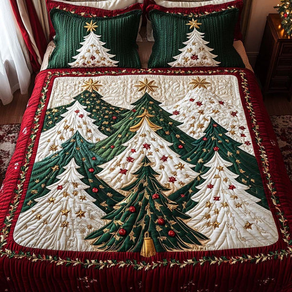 Golden Forest quilted 3-piece bedding set on a made bed with two matching pillow shams