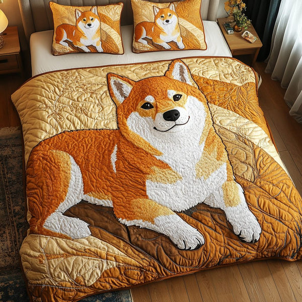 Golden Fur quilted 3-piece bedding set on a made bed with two matching pillow shams