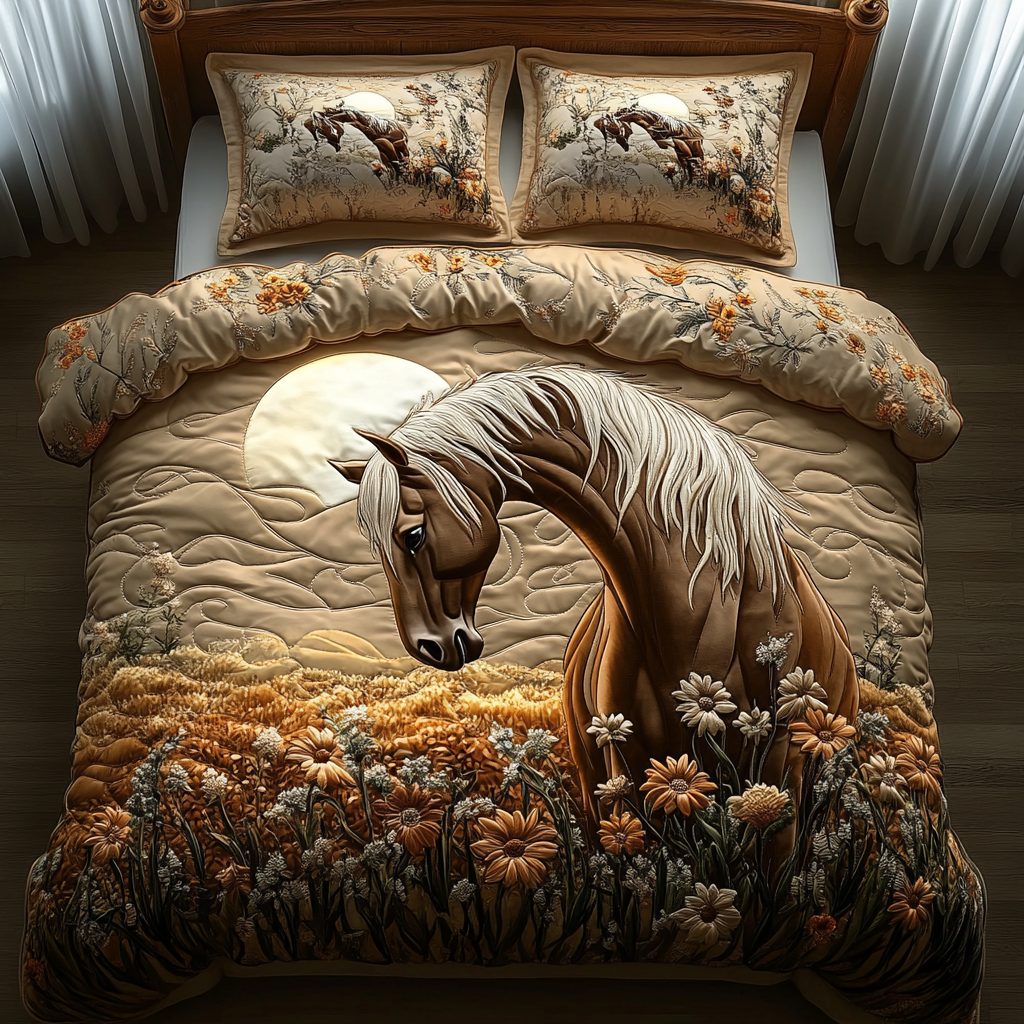 Golden Gallop quilted 3-piece bedding set on a made bed with two matching pillow shams