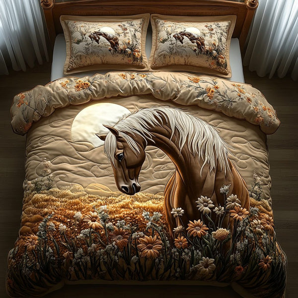 Golden Gallop quilted 3-piece bedding set on a made bed with two matching pillow shams