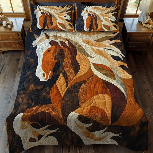 Golden Gallop quilted 3-piece bedding set on a made bed with two matching pillow shams