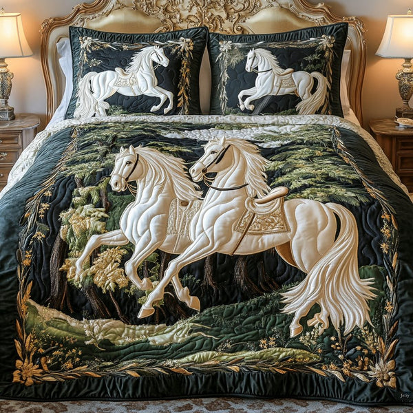 Golden Gallop quilted 3-piece bedding set on a made bed with two matching pillow shams