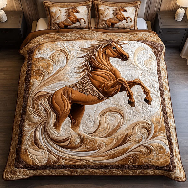 Golden Gallop quilted 3-piece bedding set on a made bed with two matching pillow shams