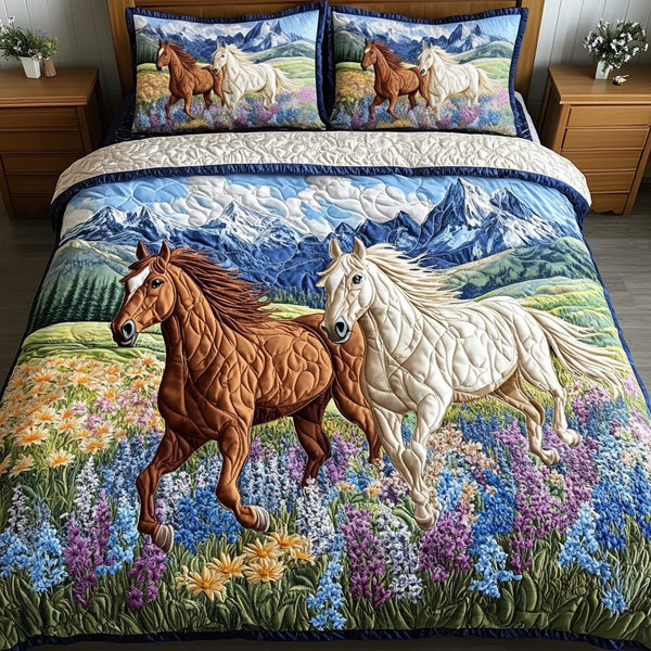 Golden Gallop quilted 3-piece bedding set on a made bed with two matching pillow shams