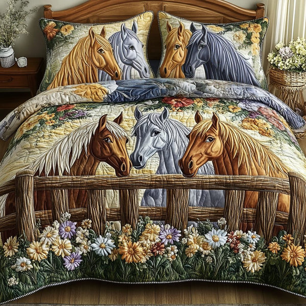 Golden Gallop quilted 3-piece bedding set on a made bed with two matching pillow shams