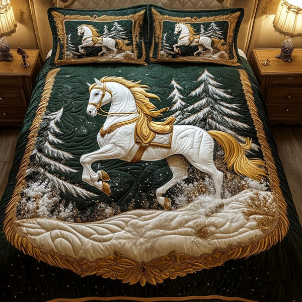 Golden Gallop quilted 3-piece bedding set on a made bed with two matching pillow shams