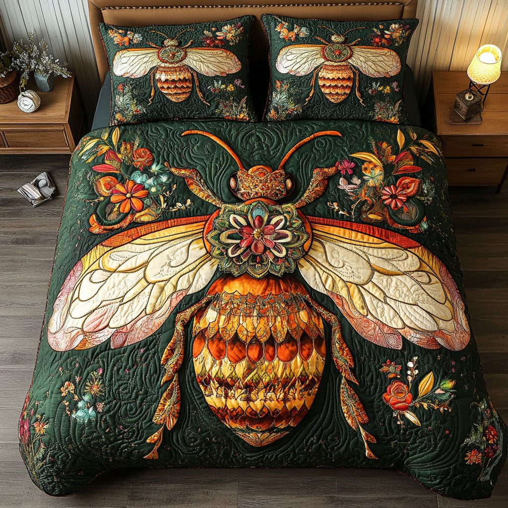Golden Garden Bee quilted 3-piece bedding set on a made bed with two matching pillow shams