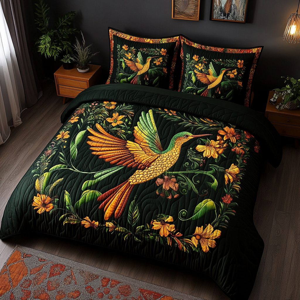 Golden Garden Hummingbird quilted 3-piece bedding set on a made bed with two matching pillow shams