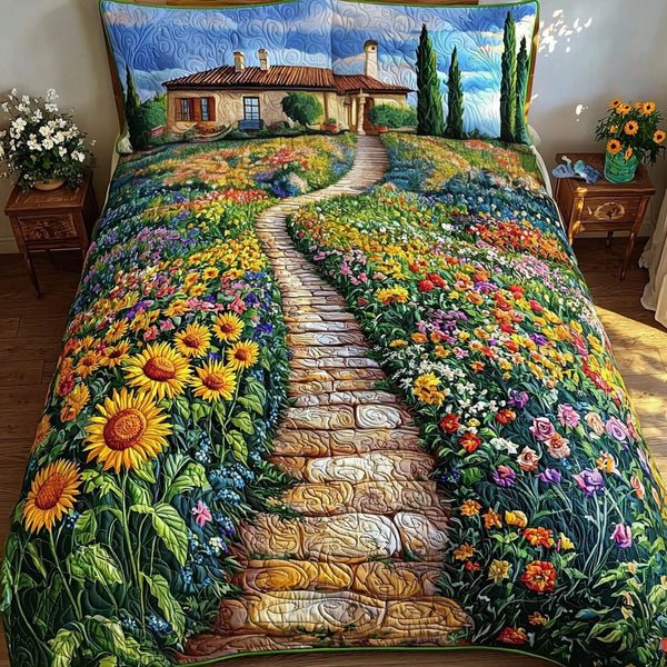 Golden Garden quilted 3-piece bedding set on a made bed with two matching pillow shams