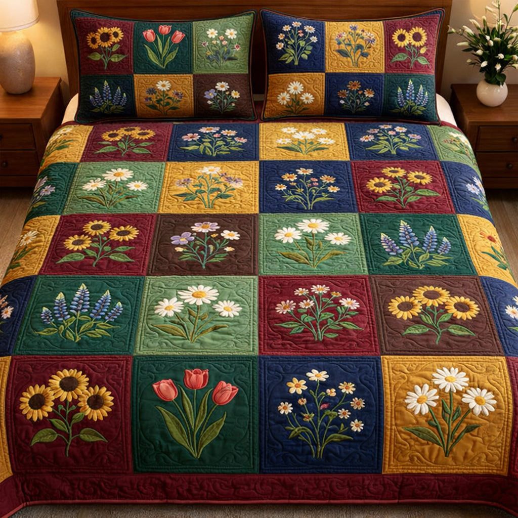 Golden Garden quilted 3-piece bedding set on a made bed with two matching pillow shams