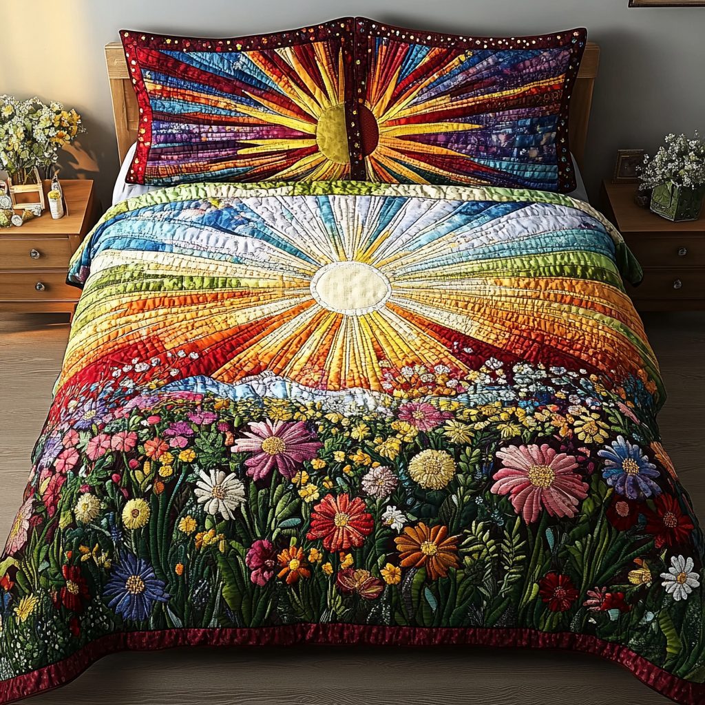 Golden Garden quilted 3-piece bedding set on a made bed with two matching pillow shams