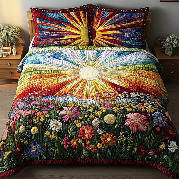 Golden Garden quilted 3-piece bedding set on a made bed with two matching pillow shams