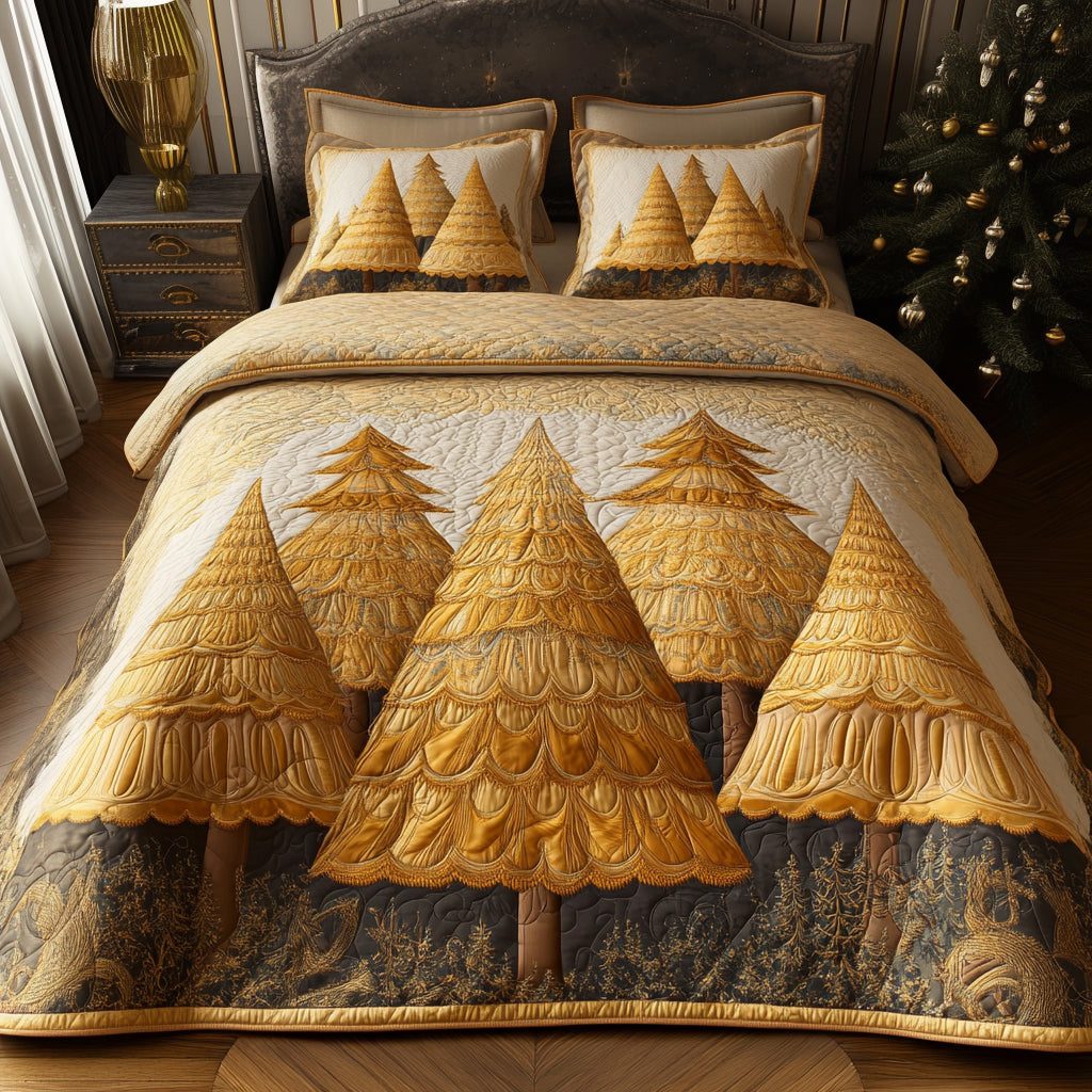 Golden Garland quilted 3-piece bedding set on a made bed with two matching pillow shams