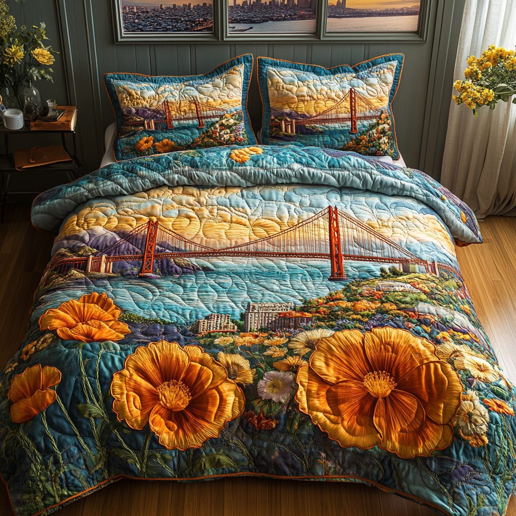 Golden Gate Poppy quilted 3-piece bedding set on a made bed with two matching pillow shams