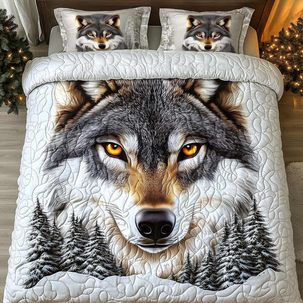 Golden Gaze quilted 3-piece bedding set on a made bed with two matching pillow shams