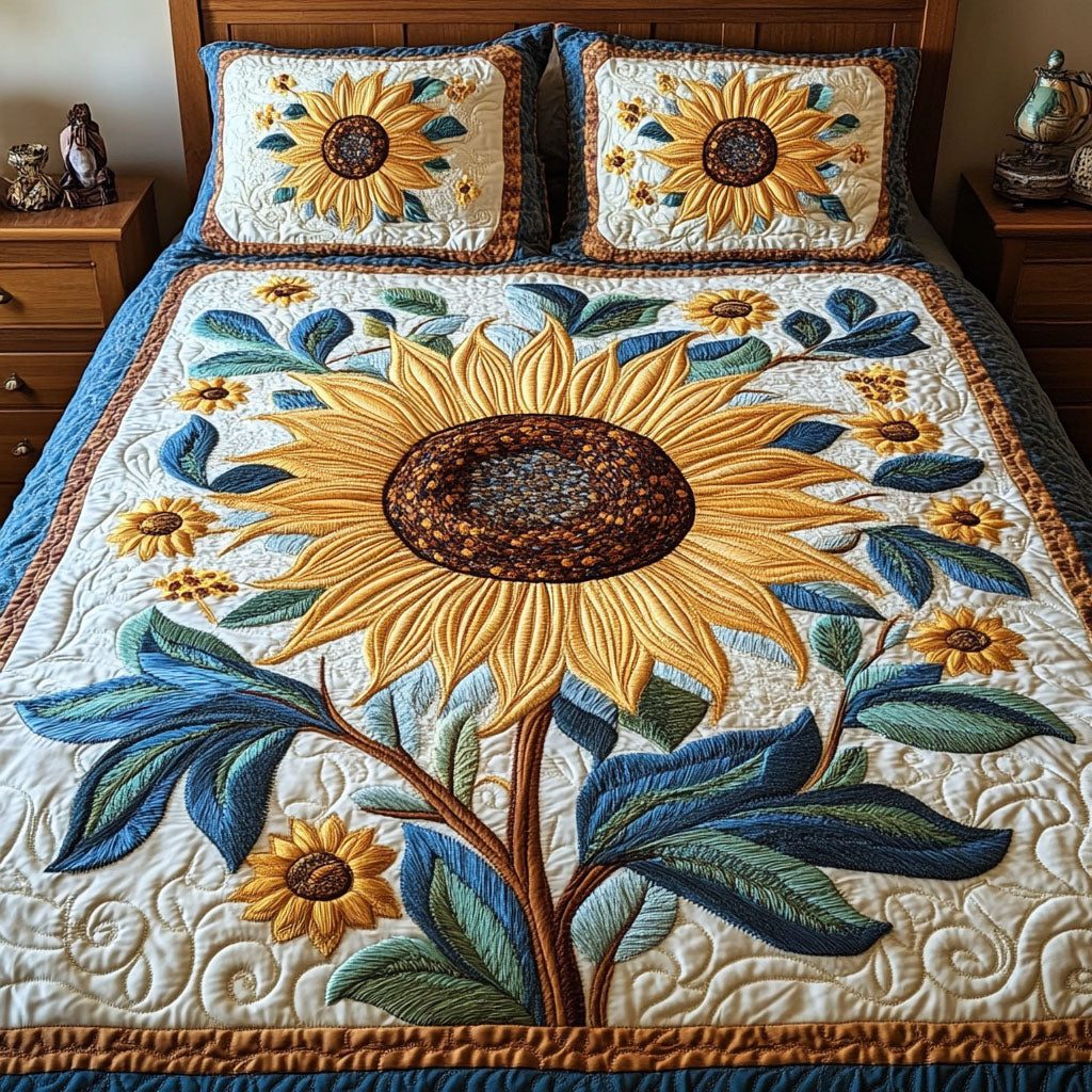 Golden Gaze quilted 3-piece bedding set on a made bed with two matching pillow shams