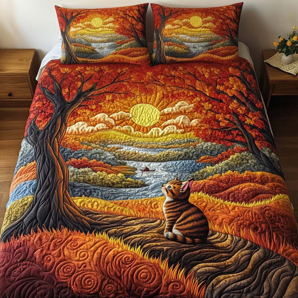 Golden Gaze quilted 3-piece bedding set on a made bed with two matching pillow shams