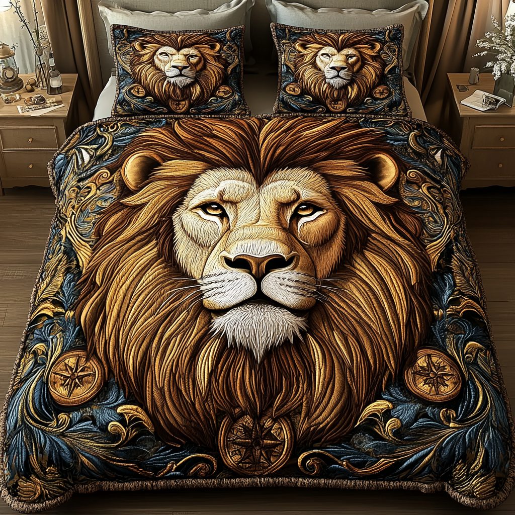 Golden Glory quilted 3-piece bedding set on a made bed with two matching pillow shams