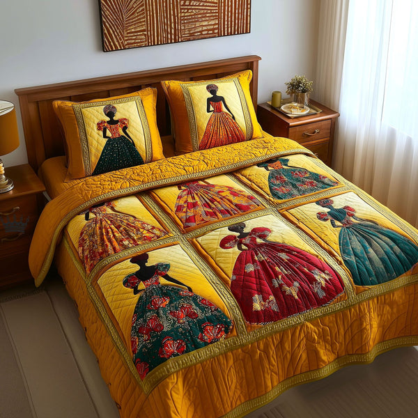 Golden Glow quilted 3-piece bedding set on a made bed with two matching pillow shams