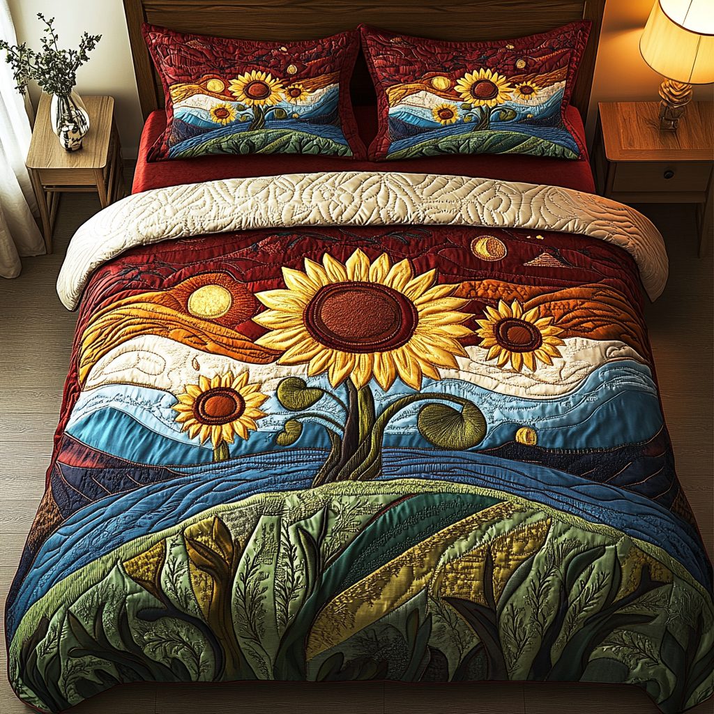 Golden Glow quilted 3-piece bedding set on a made bed with two matching pillow shams