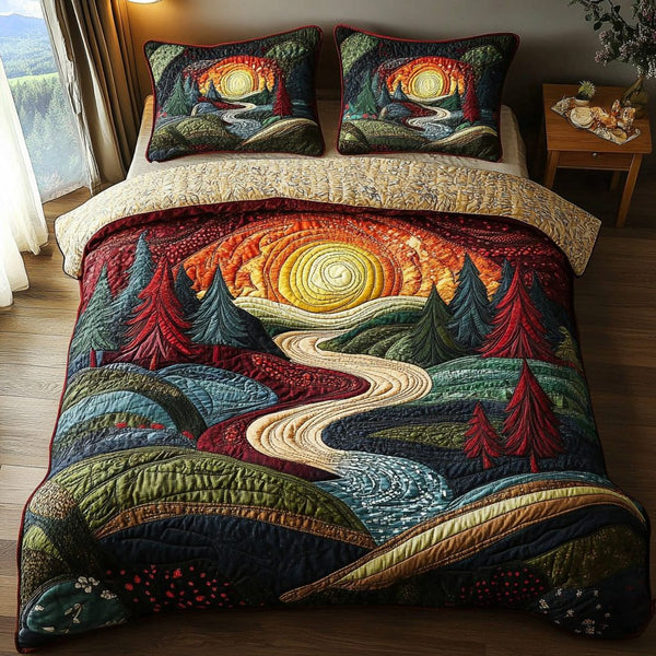 Golden Glow quilted 3-piece bedding set on a made bed with two matching pillow shams