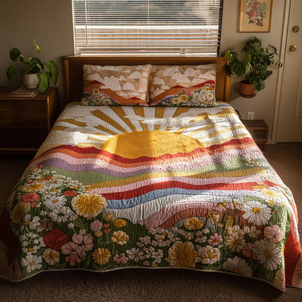 Golden Glow quilted 3-piece bedding set on a made bed with two matching pillow shams