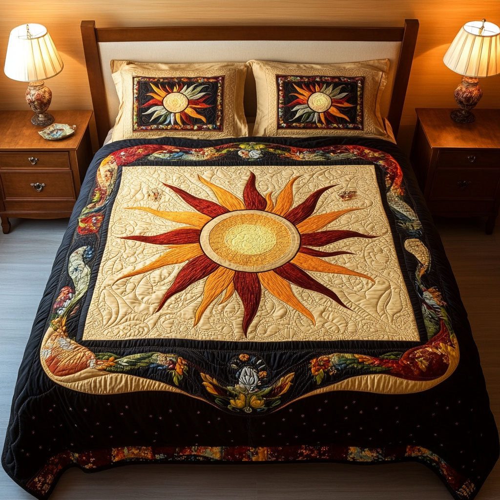 Golden Glow quilted 3-piece bedding set on a made bed with two matching pillow shams