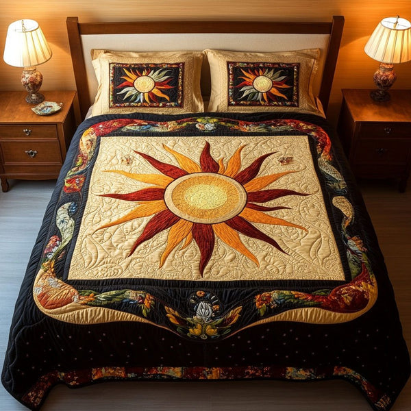 Golden Glow quilted 3-piece bedding set on a made bed with two matching pillow shams