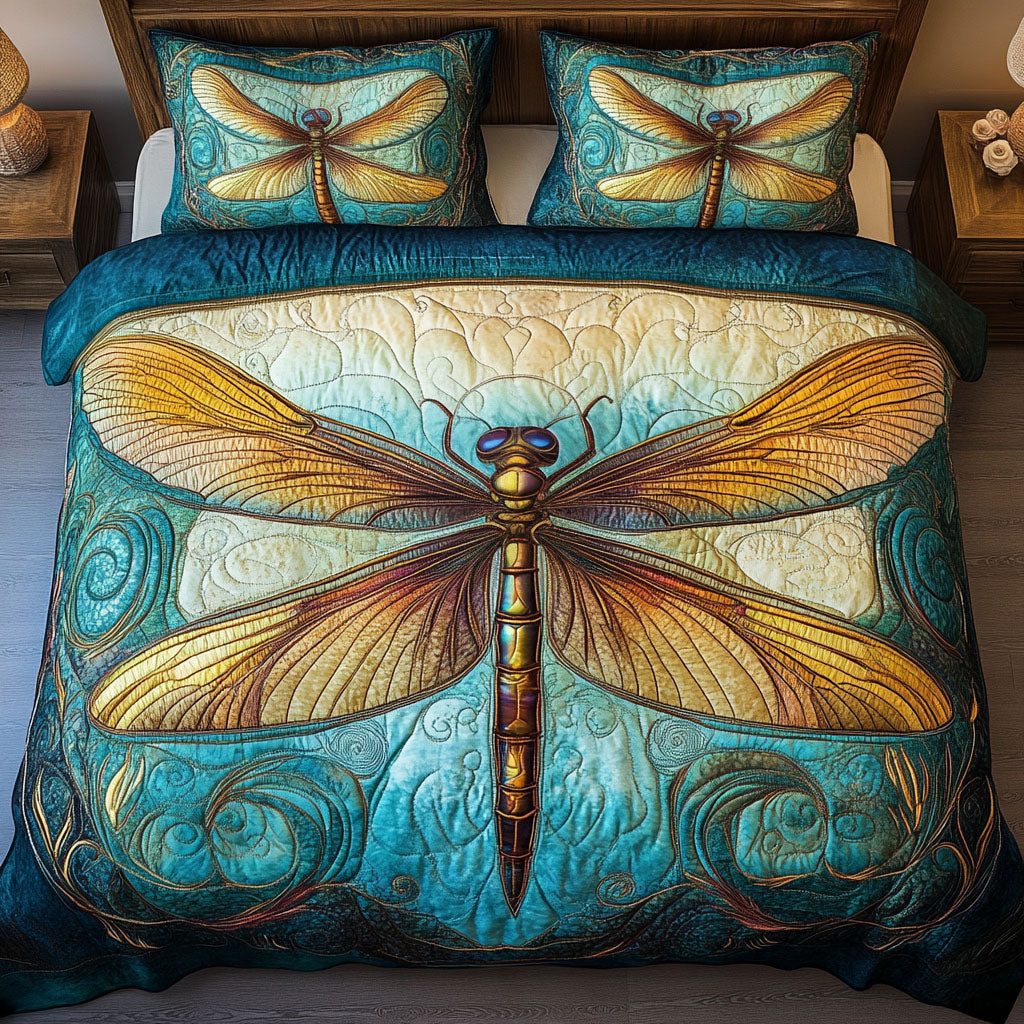 Golden Glow quilted 3-piece bedding set on a made bed with two matching pillow shams