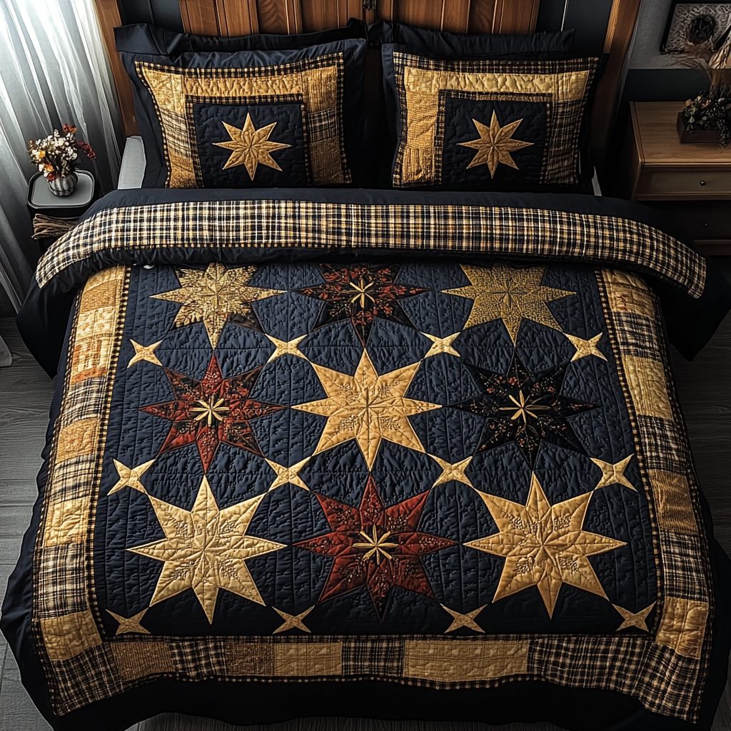 Golden Glow quilted 3-piece bedding set on a made bed with two matching pillow shams