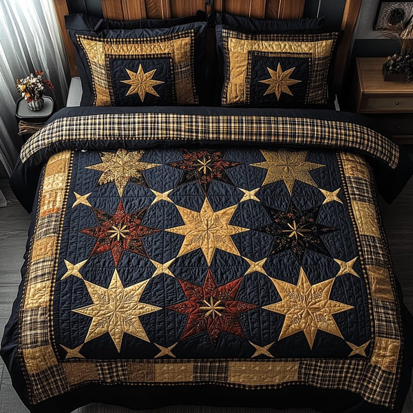 Golden Glow quilted 3-piece bedding set on a made bed with two matching pillow shams