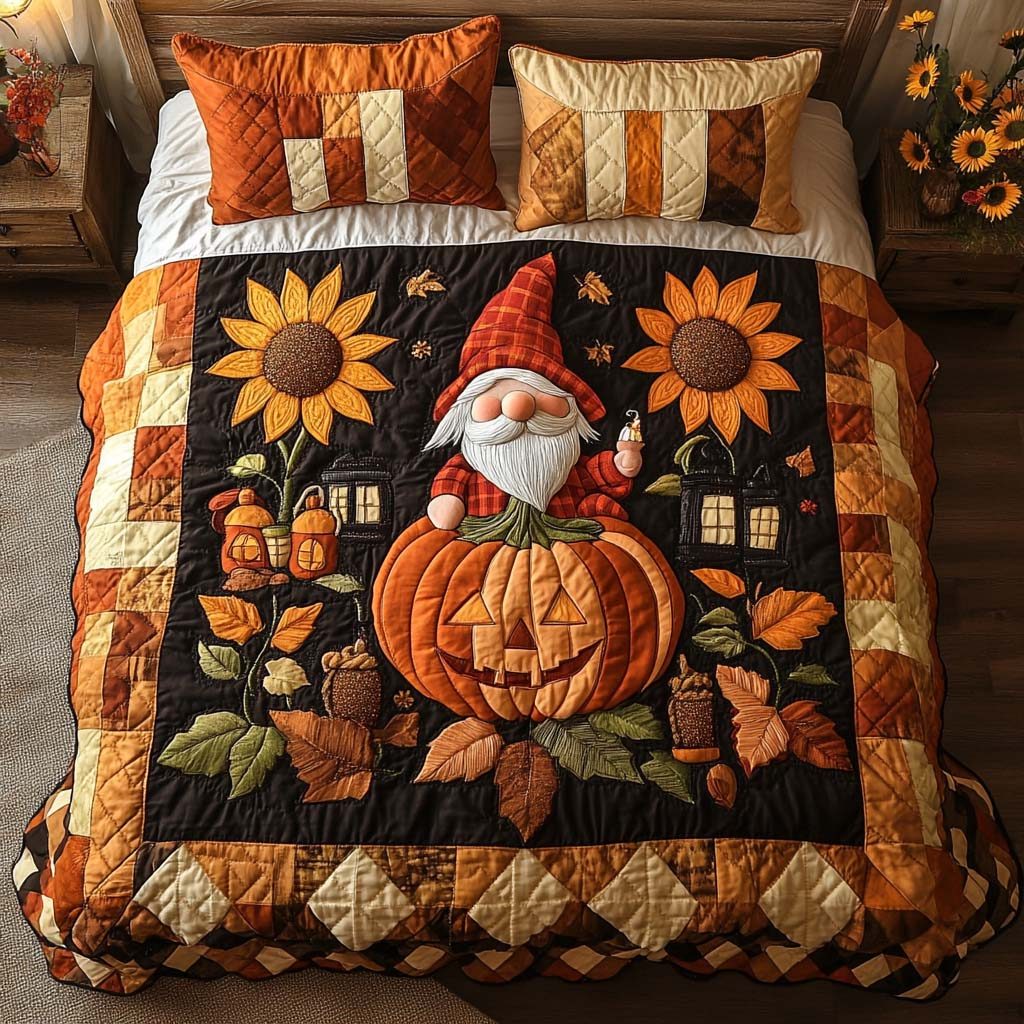 Golden Gnome Trail quilted 3-piece bedding set on a made bed in a winter-styled bedroom