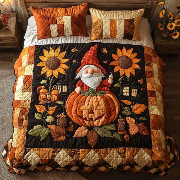 Golden Gnome Trail quilted 3-piece bedding set on a made bed in a winter-styled bedroom