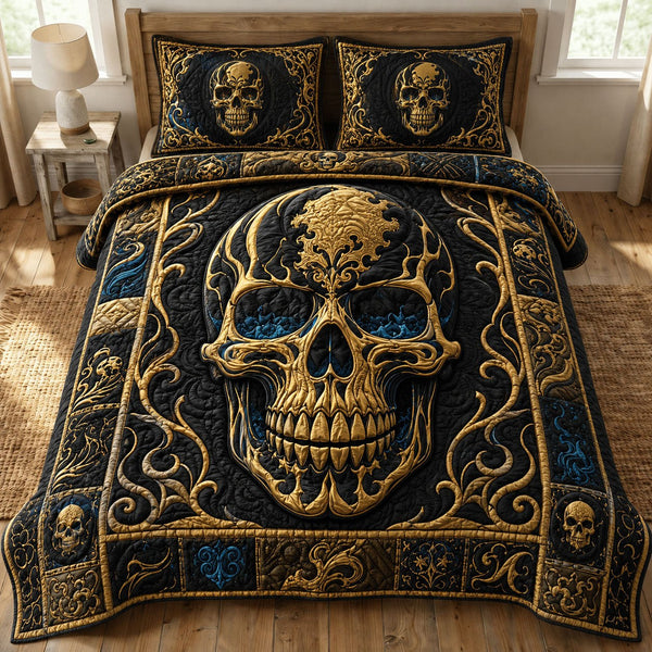 Golden Gothic Skull quilted 3-piece bedding set on a made bed against a dark styled interior