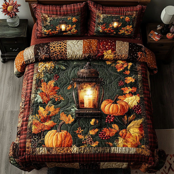 Golden Gourd Garden quilted 3-piece bedding set on a made bed with two matching pillow shams